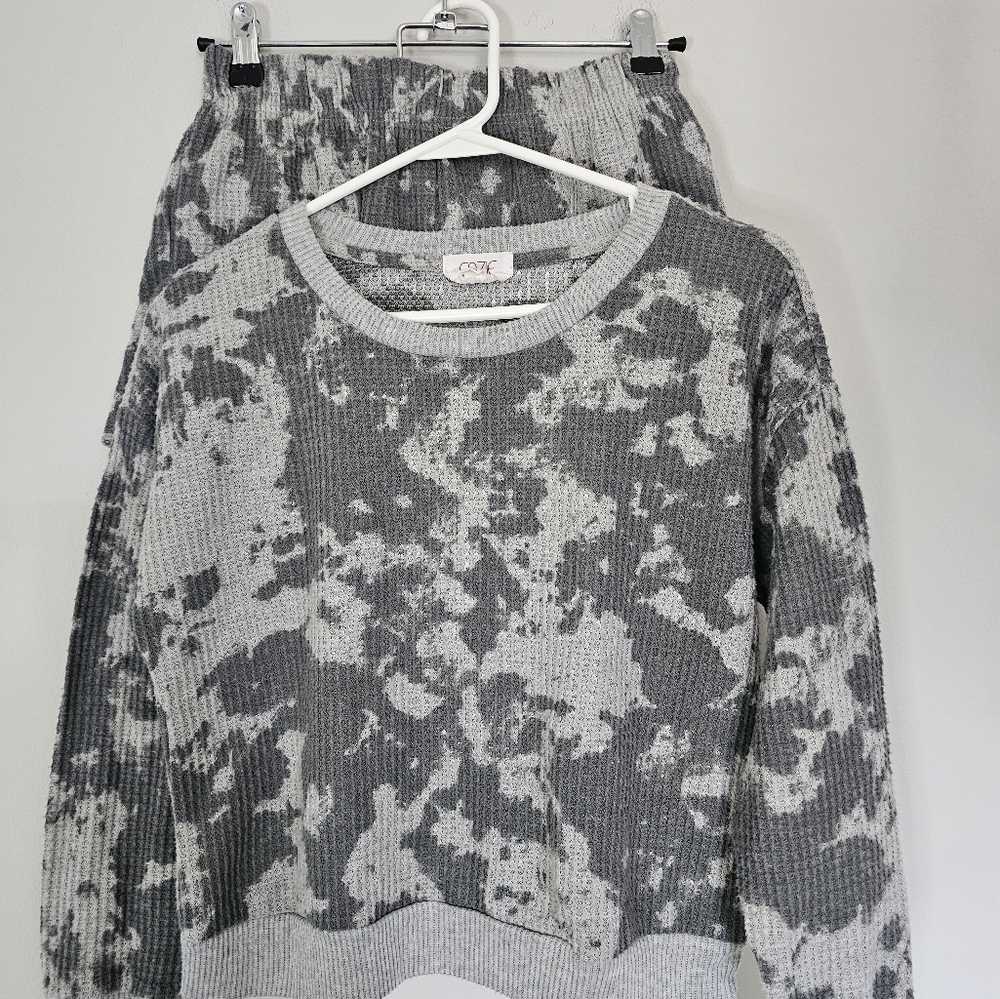 Cozie by Pink Rose Women's Gray Tie-dye Waffle Knit Leisure Lounge Set Sz S